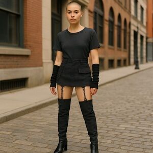 DOLLS KILL DARKER WAVS BLACK WASHED CARGO MINI SKIRT CHAIN GARTER LEG WARMERS
